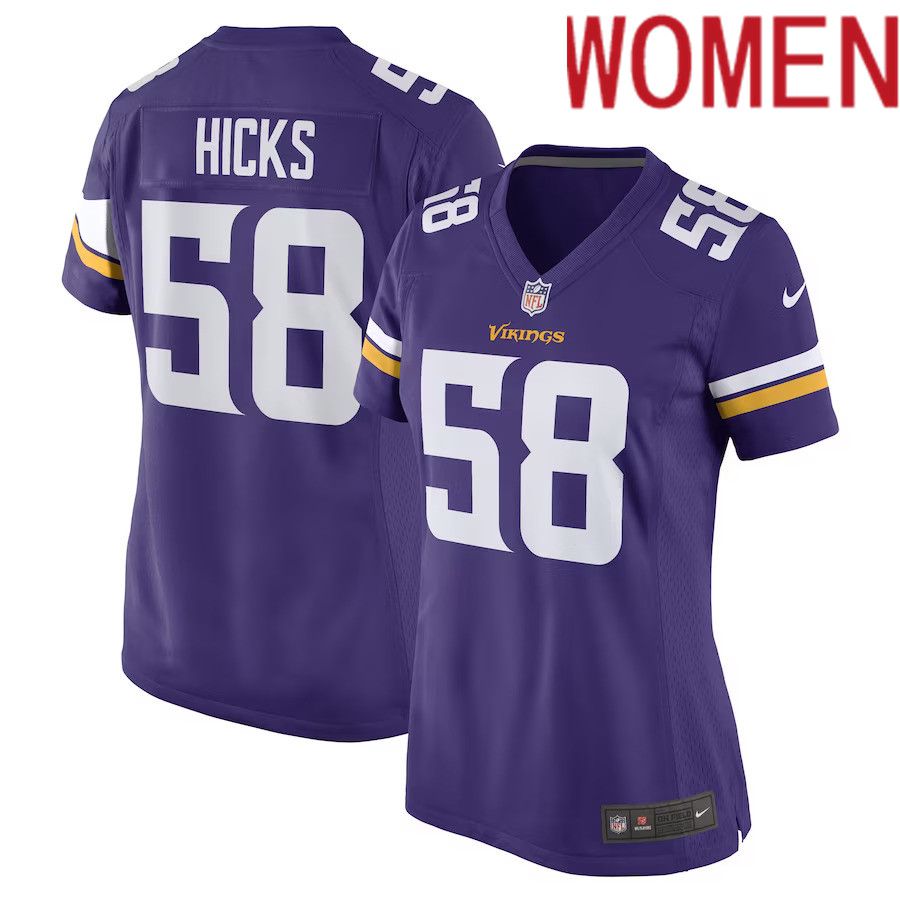 Women Minnesota Vikings 58 Jordan Hicks Nike Purple Game Player NFL Jersey